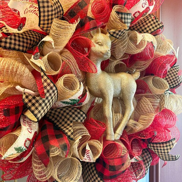 Golden Reindeer Deco Mesh Christmas Wreath - 24 inch - Picture 2 of 4